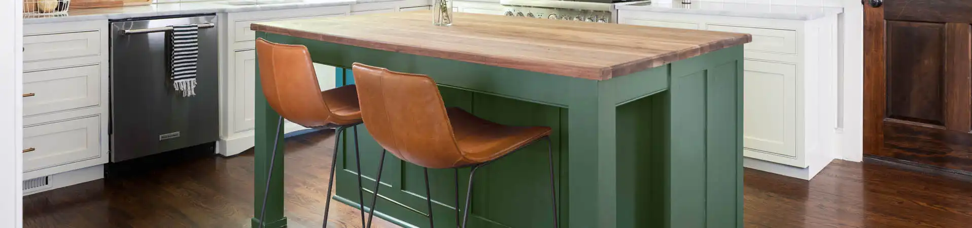 Photo of kitchen with custom green paint color